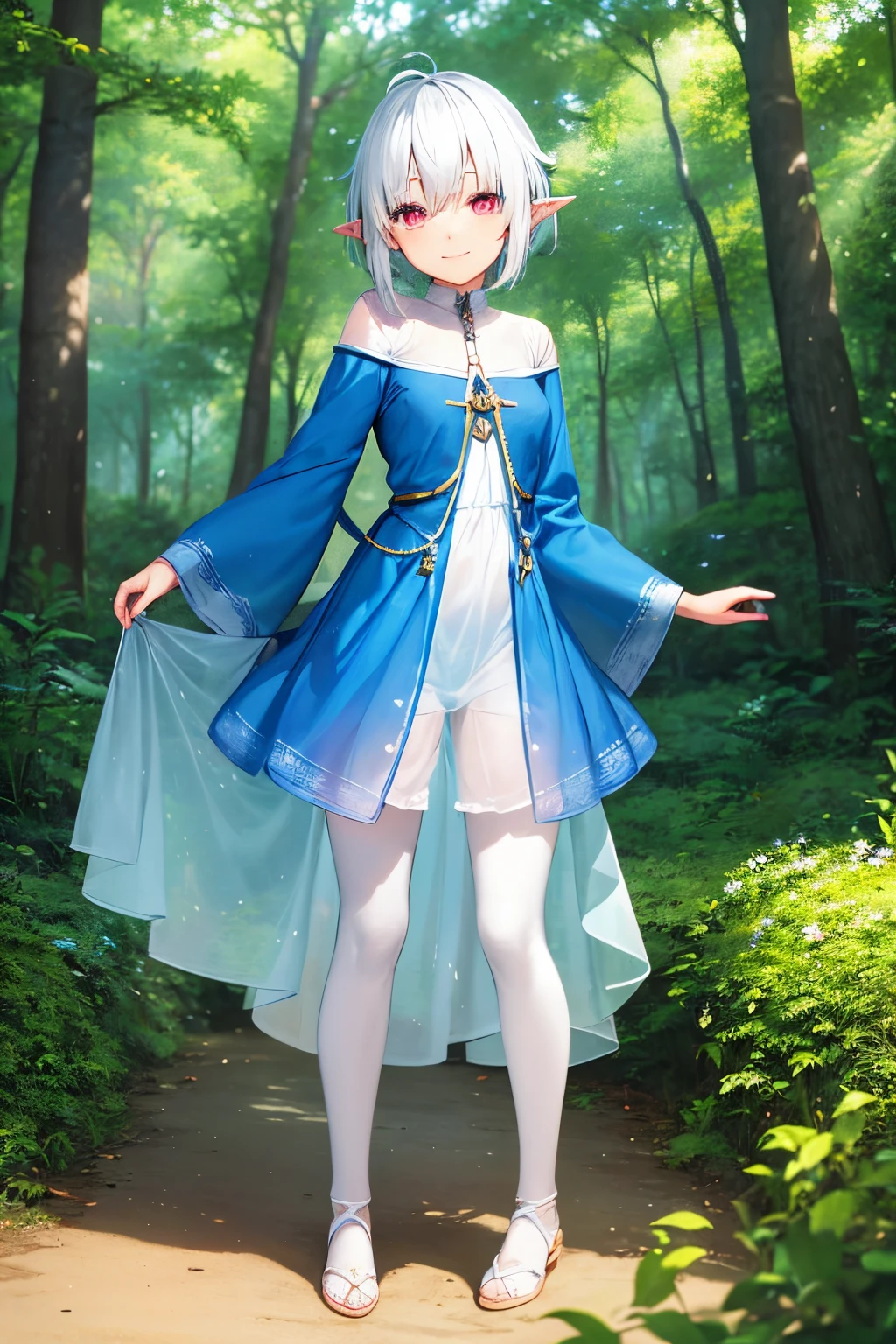 in woods Elven Girl a beauty girl a smile kawaii light skinned blue clothing Leprechaun pointy ears White hair short-hair 9 years old White see-through clothes White hair Hair fluttering in the wind red eyes silber hair