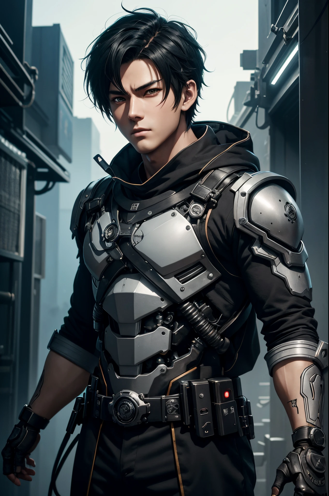 8K、Mechanical Lloyd with short black hair、Anime boy wearing a skeleton headband and posing for a photo、boy with exposed skeleton、Detailed Digital Anime Art、Mechanical Lloyd under maintenance、Connect to many tubes、Glowing LEDs(effect)U3D rendering character art 8K、Photorealistic anime boy rendering、8K high-quality detail art、2。5 d cgi anime fantasy artwork、handsome boy mechanical roid、Guweiz style artwork,超A high resolution,Ultra-realistic texture,