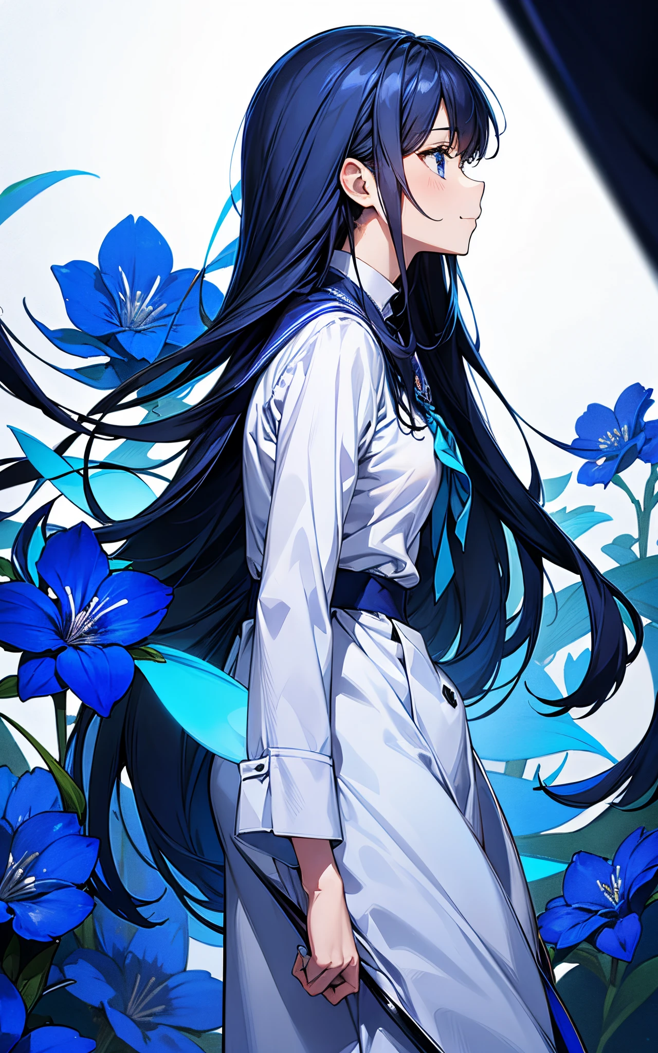 Theme is blue、Perfect human body、One lady、Surrounded by flowers、She is wearing a high school uniform、Laugh quietly、cute little、Light in the eyes、profile