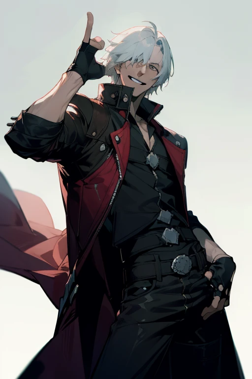 (masterpiece, best quality:1.2), cowboy shot, solo, male focus, 1boy, dante, smile, looking at viewer, white hair, open clothes, coat, (fingerless gloves:1.1), belt