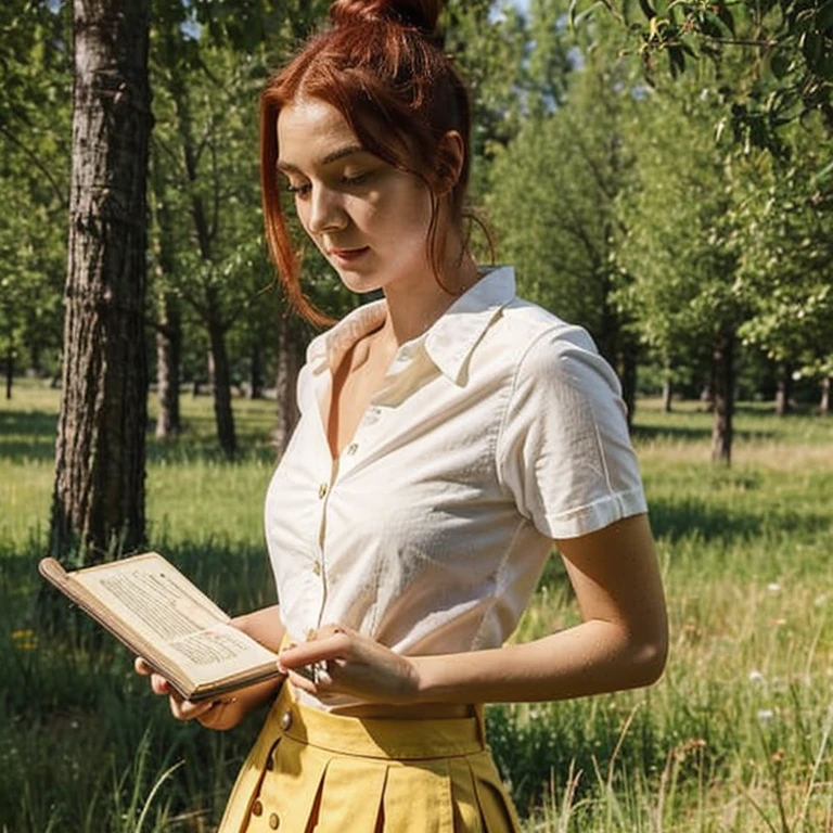 1girl, pretty face, 18 years old, red hair, hair in a bun, yellow button-down top, skirt BREAK standing, holding book, open meadow, forest, mountains in background