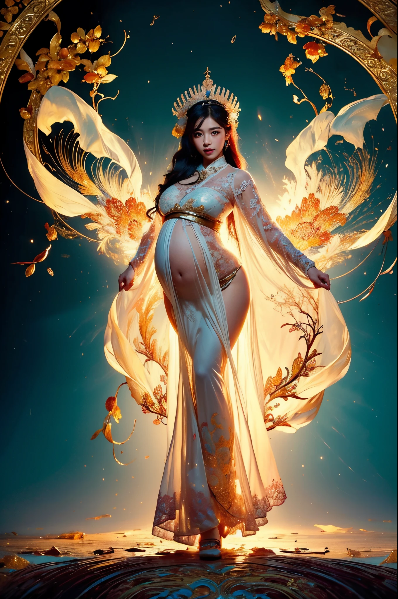ancient chinese phoenix costume、see -through、Big belly、Pregnant Woman、Wearing silk cloth、Beautiful dances、1 girl in、(full body Esbian:1.5)、独奏、Hanfu、flower field、florals、(white:1.3)(realisitic:1.4)、Zen entanglement、mandalas、Entanglement、Official art、Unified 8K wallpapers、ultra-detailliert、Beautiful and beautiful、masterpiece、top-quality、(dynamic ungle:1.4)、glistning skin、(Colorful flashes floating:1)The most beautiful chaotic shapes、Elegant and cruel design、bright colour、romantic depth of field