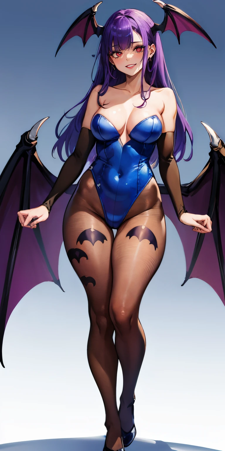 anatomically correct, best quality, masterpiece, high quality, high details, highres, HD, (shaded face:1.2), hollow eyes, (blue eyes: 1.2), looking at viewer, heavy breathing, smirk, upper teeth, purple lips, purple hair, absurldy long hair, highleg leotard, print pantyhose, bat print, head wings, bat wings, bridal gauntlets, standing, walking,