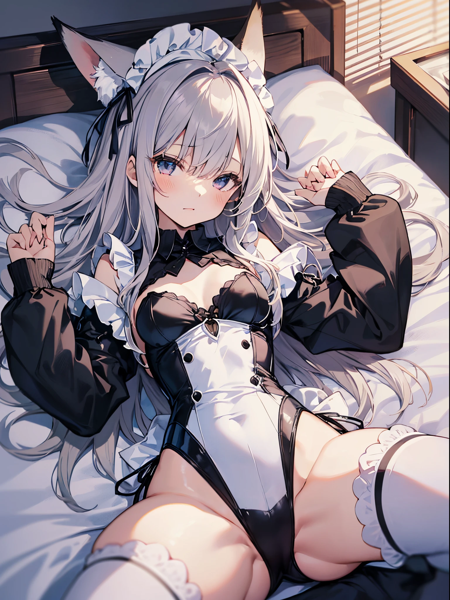(((Beautiful illustration、top-quality、cute it girl、Perfect limbs:1.3、perfect fingers:1.3、perfect anatomia:1.3)))、(transform sequence)、((maid style leotard))、sixender beautiful girl、Fractal Art、baby-face、((stright hairig drooping eyes、Crying with both eyes closed、perplexed、Full Body Display、(1 persons)、long-sleeve、bedroom、(knee high socks)、a bed、laying on back、(highleg)、Fox ears、Angle from directly above、