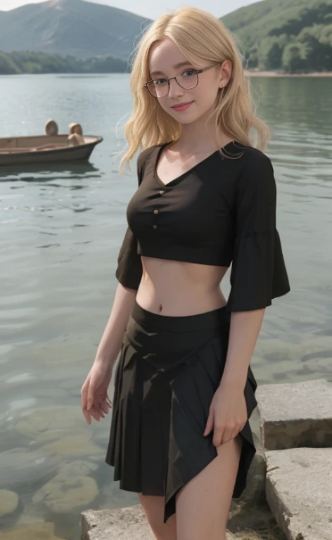A 23 years old barefoot blonde beautiful woman, wearing a black skirt, a croptop and glasses, standing at a lake, facial freckles, calm smile, short wavy hair.