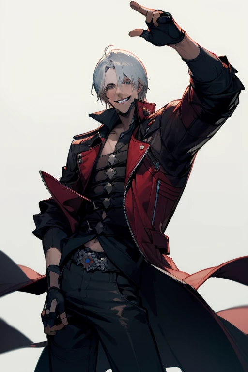 (masterpiece, best quality:1.2), cowboy shot, solo, male focus, 1boy, dante, smile, looking at viewer, white hair, open clothes, coat, (fingerless gloves:1.1), belt