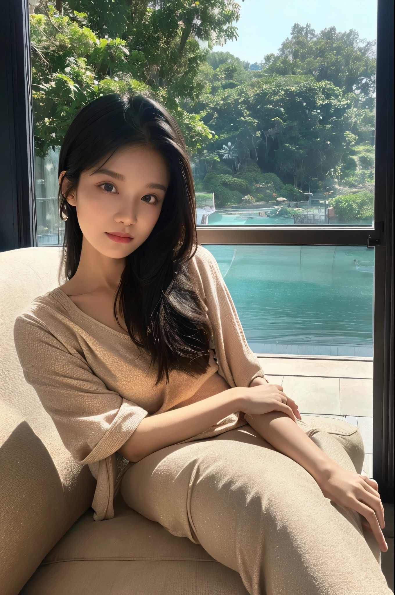 A woman sits comfortably on the sofa in the living room. Her eyes are intense, her black hair is striking, and her facial features are exquisite. Her eyes are very detailed and her expressive eyes are accentuated by long eyelashes. Her lips are also very delicate which adds to her charm. She looked at the camera with a serious expression. She wears stylish outfits that show off her sense of style and confidence. The sofa is located in front of a large glass window with a wide, unobstructed sea view. Outside the window, the sea stretches as far as the eye can see, and the waves gently lap at the coast, which is refreshing. This creates a peaceful and picturesque environment. The woman may be deep in thought or simply enjoying the moment, looking relaxed and enjoying the beautiful sea view. The room is filled with natural light, streaming in through the windows, enhancing the tranquil and calming atmosphere of the scene. There are Korean influences in the scenery, such as traditional decorations and artwork, symbolizing the cultural heritage of women. Overall image quality is of the highest standard, with ultra-detailed rendering and realistic textures. The colors are vivid and lively, adding depth and richness to the scene. The prompt captures the essence of the girl in the garden and showcases her beauty.