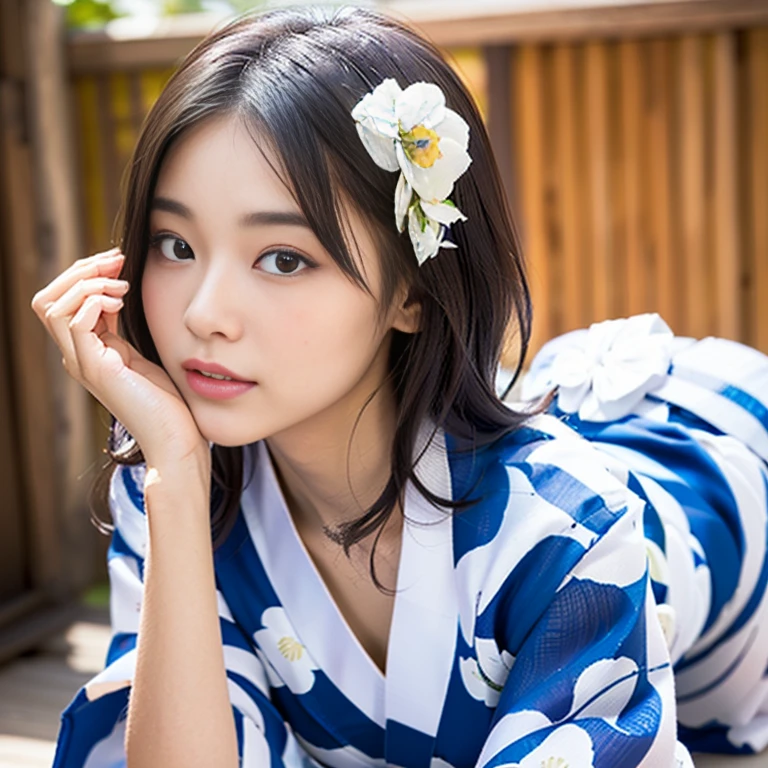 ((Close-up head)), masutepiece, of the highest quality, High resolution, Solo,25 years old, Beautiful japanese girl, Small breasts, (One small mole under the eye),((plump lips)),(floral pattern yukata:1.25), ((eyes visible through hair)),(stretch hand forward), (kiss face)