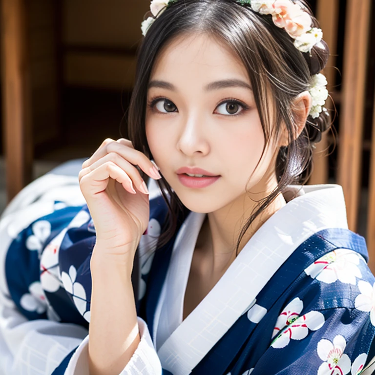 ((Close-up head)), masutepiece, of the highest quality, High resolution, Solo,25 years old, Beautiful japanese girl, Small breasts, (One small mole under the eye),((plump lips)),(floral pattern yukata:1.25), ((eyes visible through hair)),(stretch hand forward), (kiss face)