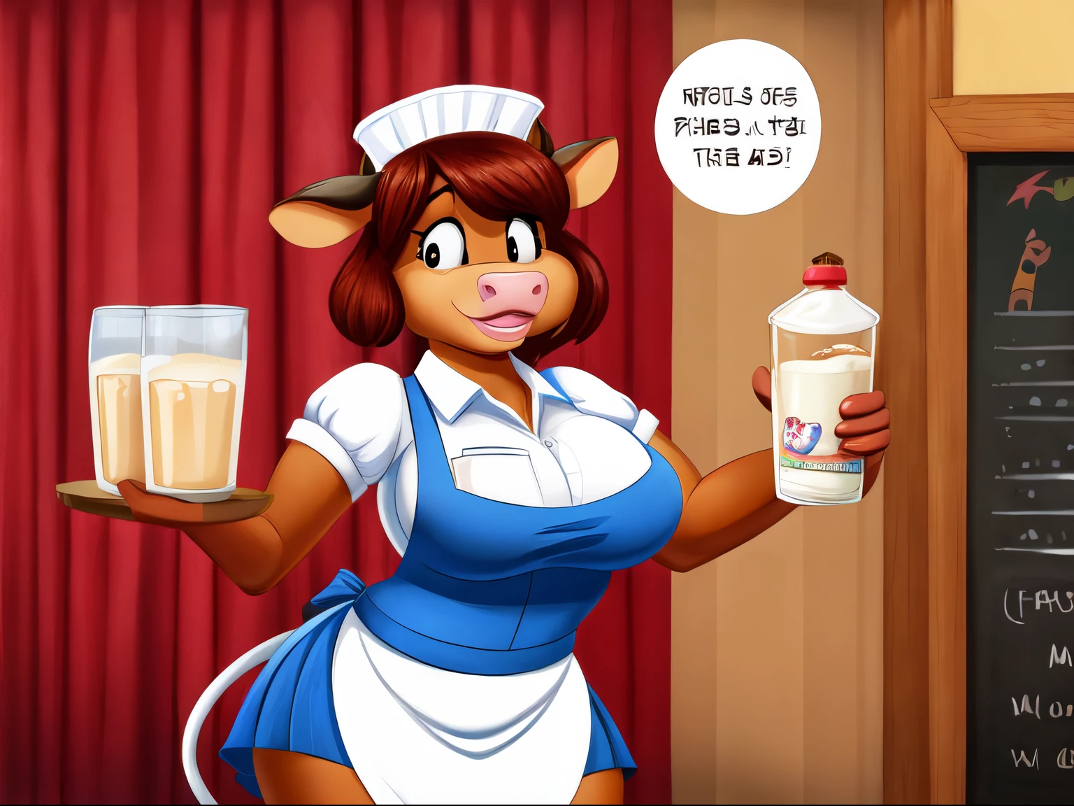 ((best quality)), ((masterpiece)), (detailed), 1girl, 2 small horns, wide eyes, pale skin, pink cowprint spots on skin,  cow snout, cow nose, cowbell choker, tight tank top, huge breasts, short curly hair, cow ears, loving demeanor, motherly, visible flaccid horsecock, heavy balls, horse penis small and on display, no botoms, no panties