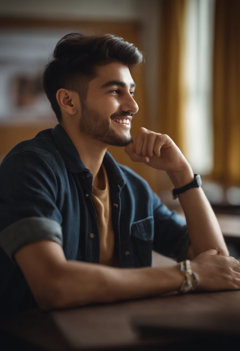 (8k, RAW photo, best quality, masterpiece:1.2), (realistic, photo-realistic:1.4), (extremely detailed 8k wallpaper), sharp focus, depth of field, blur background, bokeh, ting,front view, full body,20 years old man,looking at viewer,in classroom,smile, happy