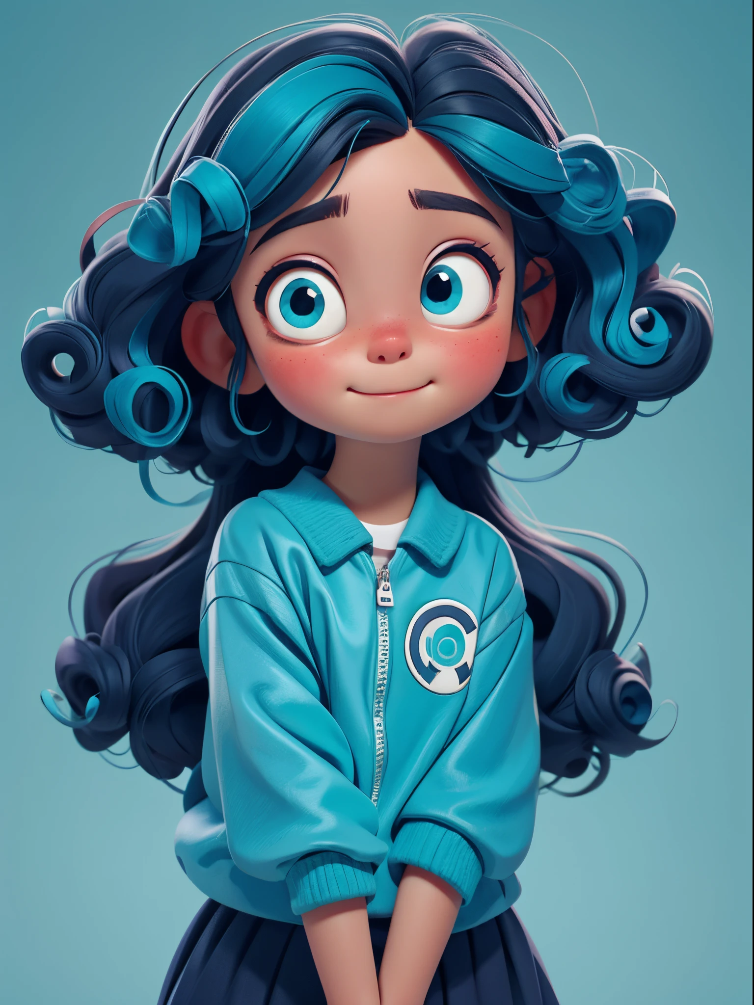 Cute little girl s。curlies。Large turquoise colored eyes。Exaggerated expressions。sporty attire。clean backdrop。
