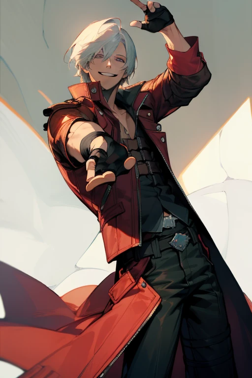 (masterpiece, best quality:1.2), cowboy shot, solo, male focus, 1boy, dante, smile, looking at viewer, white hair, open clothes, coat, (fingerless gloves:1.1), belt