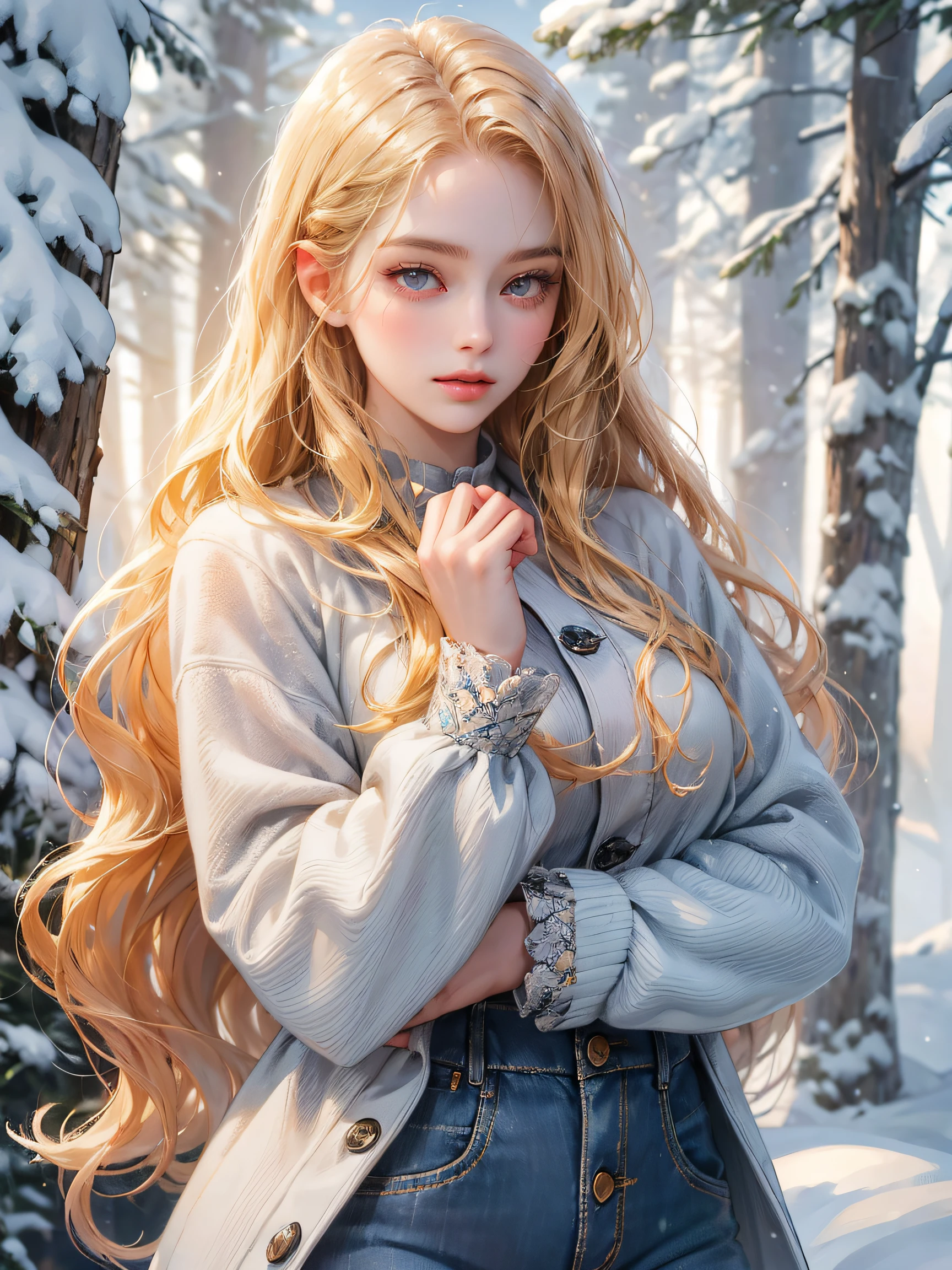 A girl, long blonde hair, wavy hair, no bangs, grey eyes. She wears short winter coat, jeans, beautiful girl, detailed eyes, detailed face, detailed hands, she looks at the viewer. She is near pine trees with snow. Full figure. Background snow forest