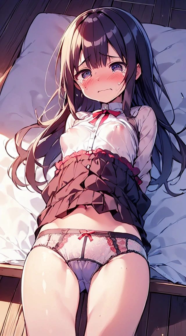 masutepiece, Best Quality,Illustration, Wallpaper, Ultra Detail,  Lori、(((molesting)))、((fear:1.3))、(Teary-eyed:1.5)、(((Cute underwear)))、ample breasts、Cherry-colored nipples、medium-Long hair