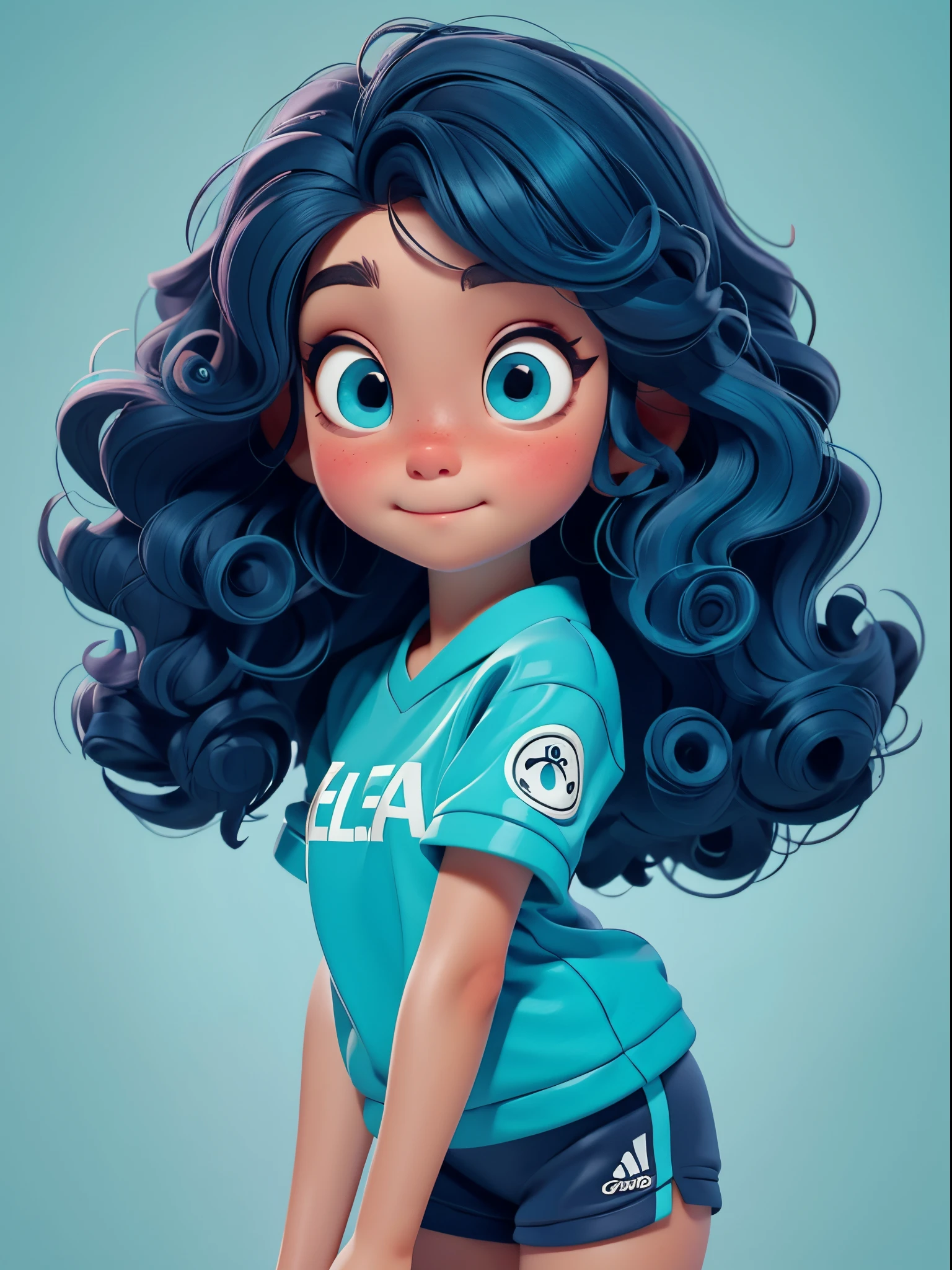 Cute little girl s。curlies。Large turquoise colored eyes。sporty attire。clean backdrop。