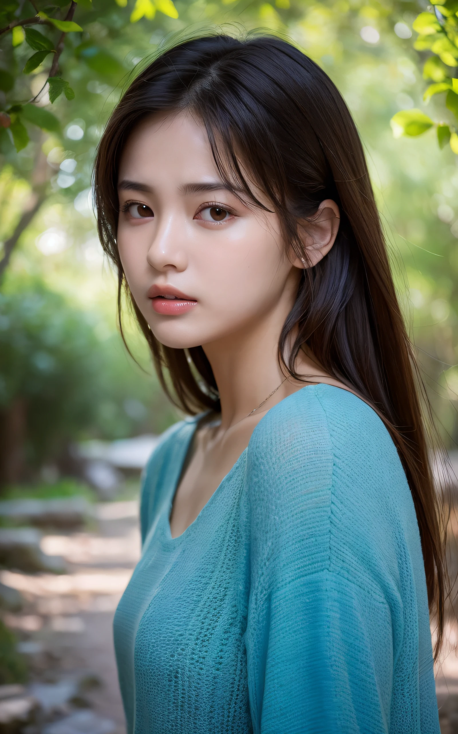 (Photo Real:1.4), (hyper realisitic:1.4), (Smooth lighting:1.05), 1 girl, (sad:1.4), Mouth slightly open, Neat and clean beauty, 22 years old, Soft lighting, Back lighting, (Finest Real Textured Skins), Narrow-eyed, Super fine face, glowy skin, retinas, Anatomically correct, acurate, Super Detail, Textured skin, High quality, high details, Best Quality, High resolution,Morning forest with clear water flowing through it, Medium hair swaying in the wind, Bangs, Blouse