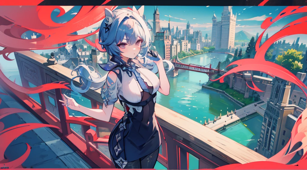 best quality, detailed eyes, detailed lips, black hair, fringe, blue sky, bridge, architecture, castle, city, cityscape, clouds, heavens, dress, looking at the audience, outdoor activity, red tie, red ribbon, ribbon, river, short hair, short sleeves, sky, skyscrapers, alone, permanent, town, water, masterpiece, anime