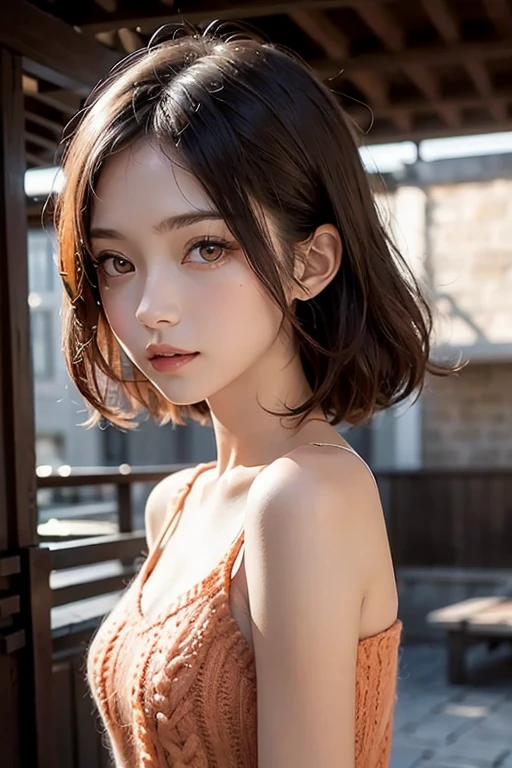 (((masutepiece:1.4, Best Quality)), (1girl in), (Perfect Anatomy), BREAK, Cute Girl, (hair messy), (Light orange eyes), Small breasts, facing,Short knitwear、camisole