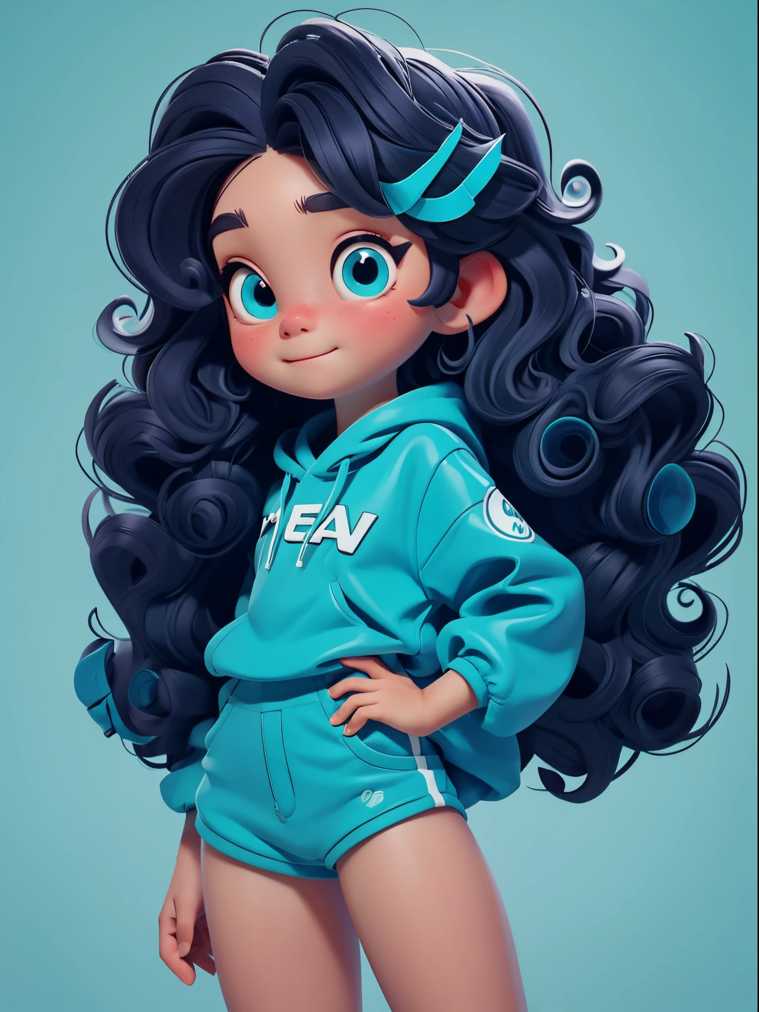 Cute little girl s。curlies。Large turquoise colored eyes。sporty attire。clean backdrop。