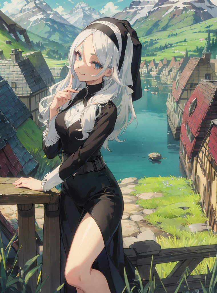 the anime, nun, pixie, Long white hair, dark eye color, nice smile, mole under the eye, Lush eyelashes, (full length) , sexy body, high breasts, wide thighs, lifts the hem of the dress,
(Masterpiece), Best Quality, hight resolution, 4k, 8K, Detailed Illustration, intricate detials, Cinematic lighting, amazing quality, 1girl, Fit bitch, amazing shading, soft-lighting, facing camera, (detailized face), (high-quality face), (High-quality eyes), (high-quality fingers), background, grass field, small house by the lake, mountains on the horizon, A clear day