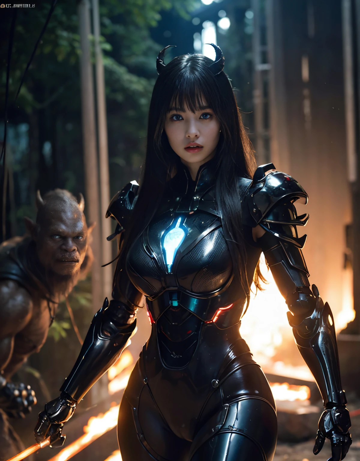 (1 Mechanical Girl)、(Mystical expression)、top-quality、masterpiece、超A high resolution、(Photorealsitic:1.4)、Raw photo、1人、Fight mutants、glowy skin、(((1 Mechanical Girl)))、(Red Metal Bodysuit)、(Fight goblings、ogre、Fierce battle with orcs),(Fight fiercely against aliens)、Fight fiercely、(beautiful forest background)、(Fighting Demonic Beasts)、(Small LED)、((super realistic details))、portlate、(Strong giant demon beast background),globalillumination、Shadow、octan render、8K、ultrasharp、Colossal tits、Raw skin is exposed in cleavage、red metal、Details of complex ornaments、Japan details、highly intricate detail、Realistic light、(Mystical expression),CGSoation Trends、Blue eyes、radiant eyes、Facing the camera、neon details、(Mechanical limbs)、(blood vessels connected to tubes)、(Wires and cables connecting to the head)、Small LED、,Mechanical thighs、Toostock、(Hands are also made of machines)、(Precipitous cliffs、fortress)、机器人、