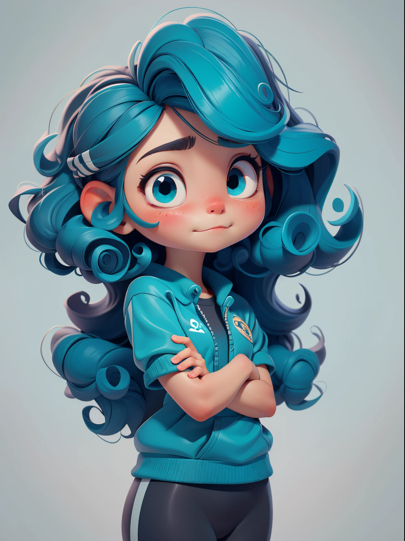 Cute  s。curlies。Large turquoise colored eyes。Exaggerated expressions。sporty attire。clean backdrop。