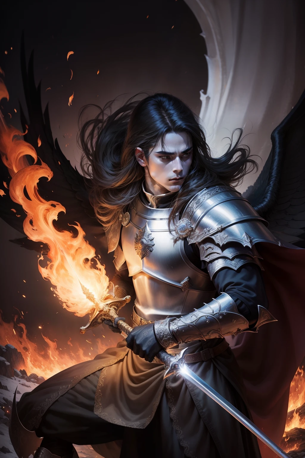 Masterpiece:1.2, Best Quality, absurdress, fire, Dark, action shot, knight, holding sword, centered, Portrait, In the style of Kentaro Miura,, Pontiff Sullivan, Cold Valley of Irithil, Aldrick Bogoed