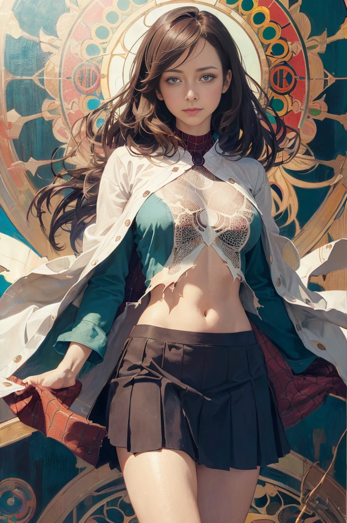 Amy Acker、Sticking out the navel、newyork、She wears a torn Spider-Man suit,wearing skirt、abstract photorealistic、artistic、Alphonse Mucha's painting(masterpiece、top-quality、hight resolution:1.4)、detaileds、intricate-detail、4K、color splashes、line-drawing、Fibonacci、