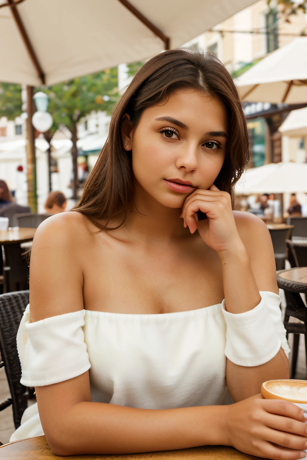 Gera uma imagem de longe de uma bela, mulher latina elegante e sofisticada, jovem, thin and curvy, face estreita, queixo suavemente definido, corpo pequeno, pele bronzeada. she is young, ela tem 20 anos. it is winter and cold. She's sitting in an outdoor café., On your desk there should be a cup of coffee. White and beige decorations. A mulher tem cabelo castanho escuro liso e curto nos ombros. ela usa um vestido sem ombros, Well-prepared and realistic hands. Ela deve estar de boca fechada. Your hand must be human, realistic. Well-groomed and realistic hands. Foto e desfoque com qualidade 8k.olhos perfeitos
