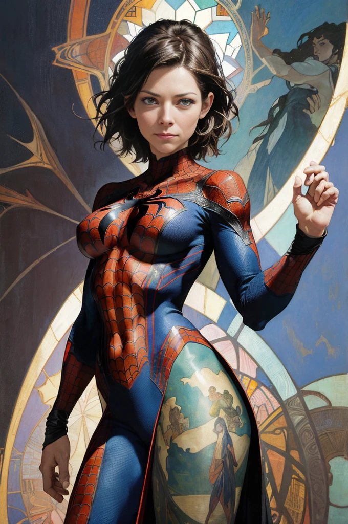 Elisha Cuthbert、Sticking out the navel、newyork、She wears a torn Spider-Man suit,wearing a skirt、abstract photorealistic、(masterpiece、highest quality、High resolution:1.4)、detailed、複雑なdetailed、looking at the viewer, figure, (magazine:1.3), (cover-style:1.3), woman, vibrant,  take a pose, With confidence, Performance, statement,scene, article, cover, bold, to attract attention, title, stylish, Font, catchy, headline, bigger, impressive,
