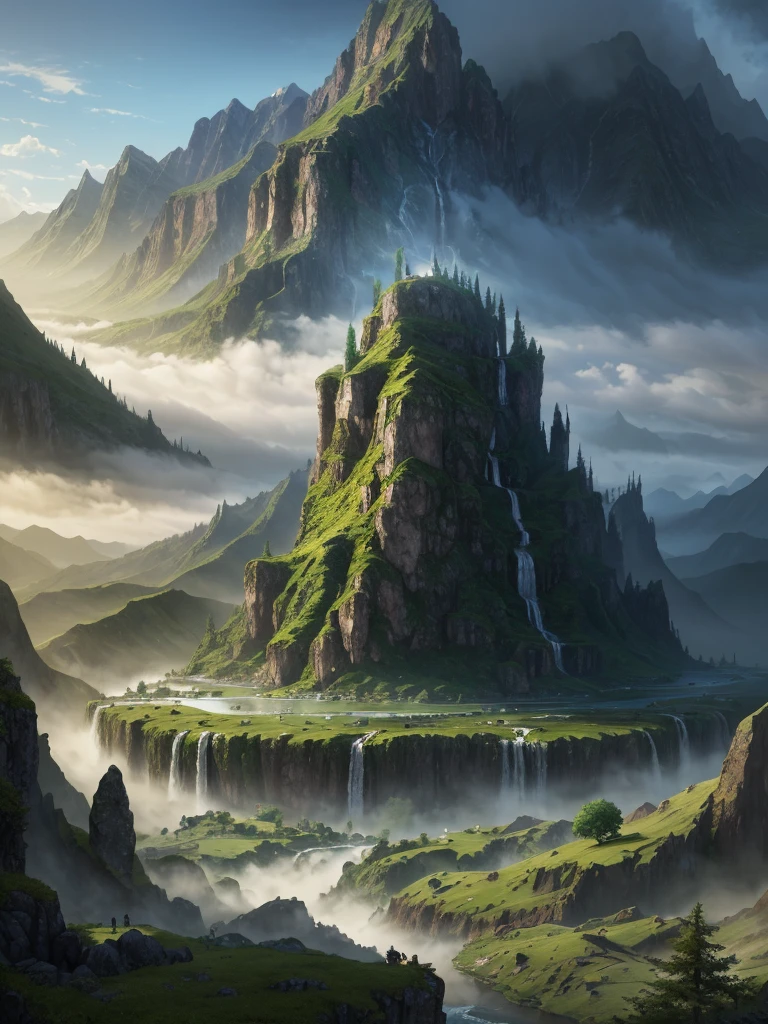 mountains with a waterfall and a few trees in the foreground, impressive fantasy landscape, an epic landscape, fantasy matte painting，cute, fantasy art landscape, most epic landscape, 4k hd matte digital painting, epic fantasy landscape, 4k highly detailed digital art, epic dreamlike fantasy landscape, epic landscape, 4 k matte painting, ross tran. scenic background