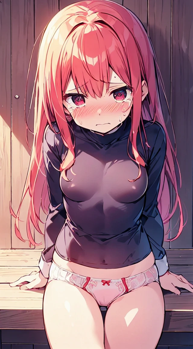 masutepiece, Best Quality,Illustration, Wallpaper, Ultra Detail, Little Face Lori、(((molesting)))、((fear:1.3))、(Teary-eyed:1.5)、(((Cute underwear)))、ample breasts、Cherry-colored nipples、medium-Long hair