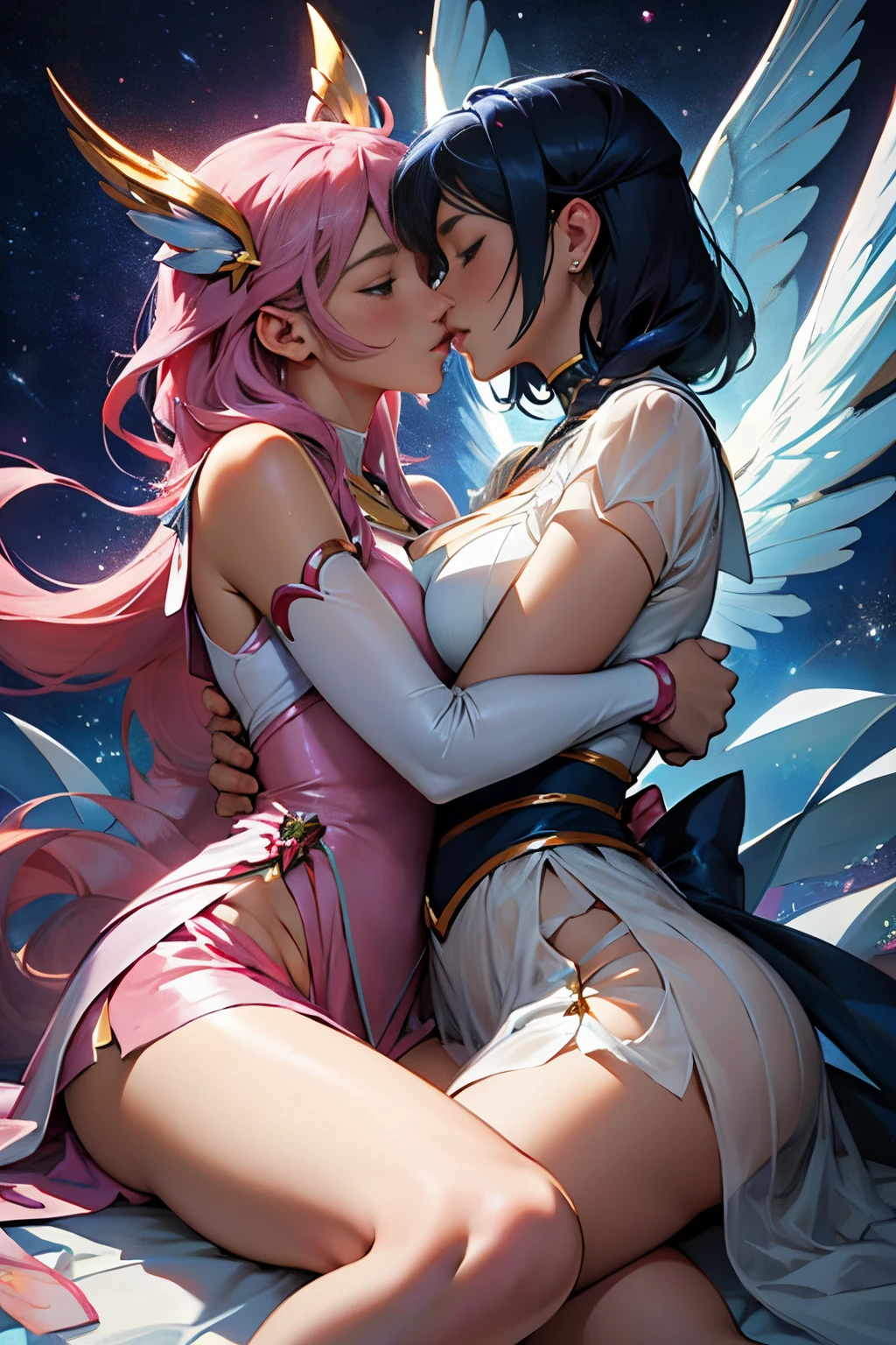 2 heavenly magical girls, estilo star guardians, muito lindas, muito bonitas, muito atraentes, como cabelos bonitos e coloridos, rostos detalhados e perfeitos, Detailed and perfect hands, roupas coloridas e bonitas, Artstation Trend, esquema de cores legal, semi-realismo, em uma escola japonesa a noite cercada por monstros, magical girl clothes, magical girl clothes in puella magica style, sailor moon, star guardians do league of legends, s amigas juntas,(Passionate Deep Kiss, lesbian kiss,saliva,Hug each other tight:1.2),ultra miniskirt,(see through costume:1.3),large breast,erected nipples,from below,sitting