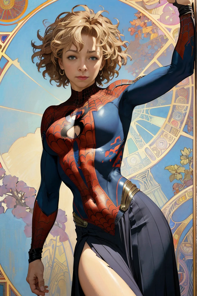 Alex Kingston、Sticking out the navel、newyork、She wears a torn Spider-Man suit,wearing skirt、abstract photorealistic、artistic、Alphonse Mucha's painting(masterpiece、top-quality、hight resolution:1.4)、detaileds、intricate-detail、4K、color splashes、line-drawing、Fibonacci、