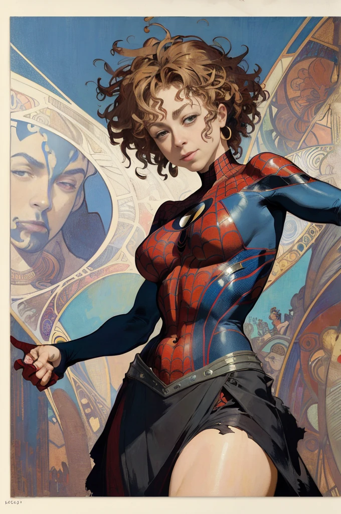 Alex Kingston、Sticking out the navel、newyork、She wears a torn Spider-Man suit,wearing skirt、abstract photorealistic、artistic、Alphonse Mucha's painting(​masterpiece、top-quality、hight resolution:1.4)、detaileds、intricate-detail、4K、color splashes、line-drawing、Fibonacci、