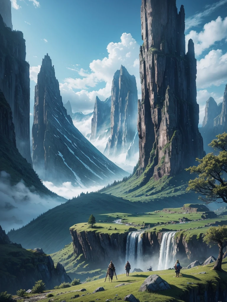 mountains with a waterfall and a few trees in the foreground, impressive fantasy landscape, an epic landscape, fantasy matte painting,cute, fantasy art landscape, most epic landscape, 4k hd matte digital painting, epic fantasy landscape, 4k highly detailed digital art, epic dreamlike fantasy landscape, epic landscape, 4 k matte painting, ross tran. scenic background