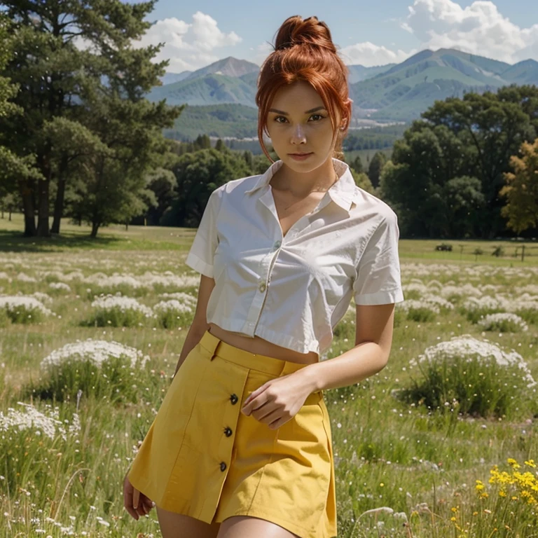 1girl, pretty face, 18 years old, red hair, hair in a low bun, bright yellow button-down top, skirt BREAK standing, holding book, open meadow, forest, mountains in background