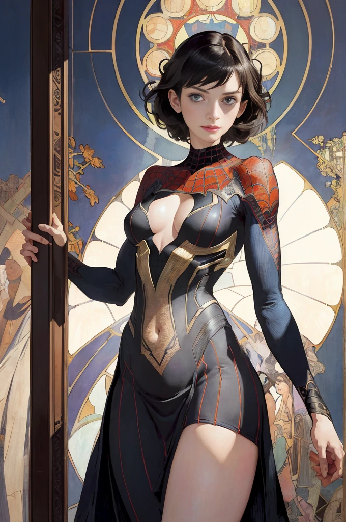Anne Hathaway、Sticking out the navel、newyork、She wears a torn Spider-Man suit,wearing skirt、abstract photorealistic、artistic、Alphonse Mucha's painting(masterpiece、top-quality、hight resolution:1.4)、detaileds、intricate-detail、4K、color splashes、line-drawing、Fibonacci、