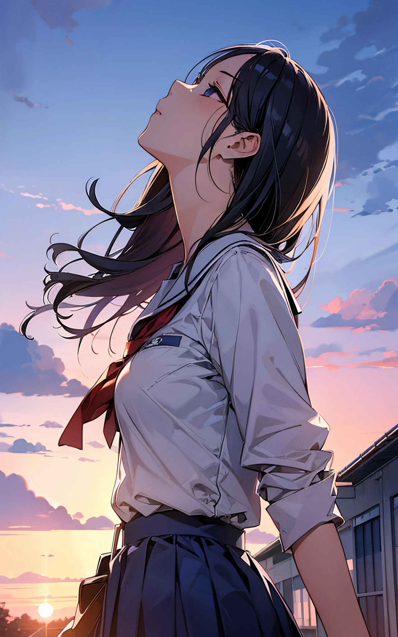 Perfect human body、(((Dawn sky)))、school ground、School building、She is wearing a high school uniform、(((look up sky)))、(Composition seen from a low position)、Beautiful scenery