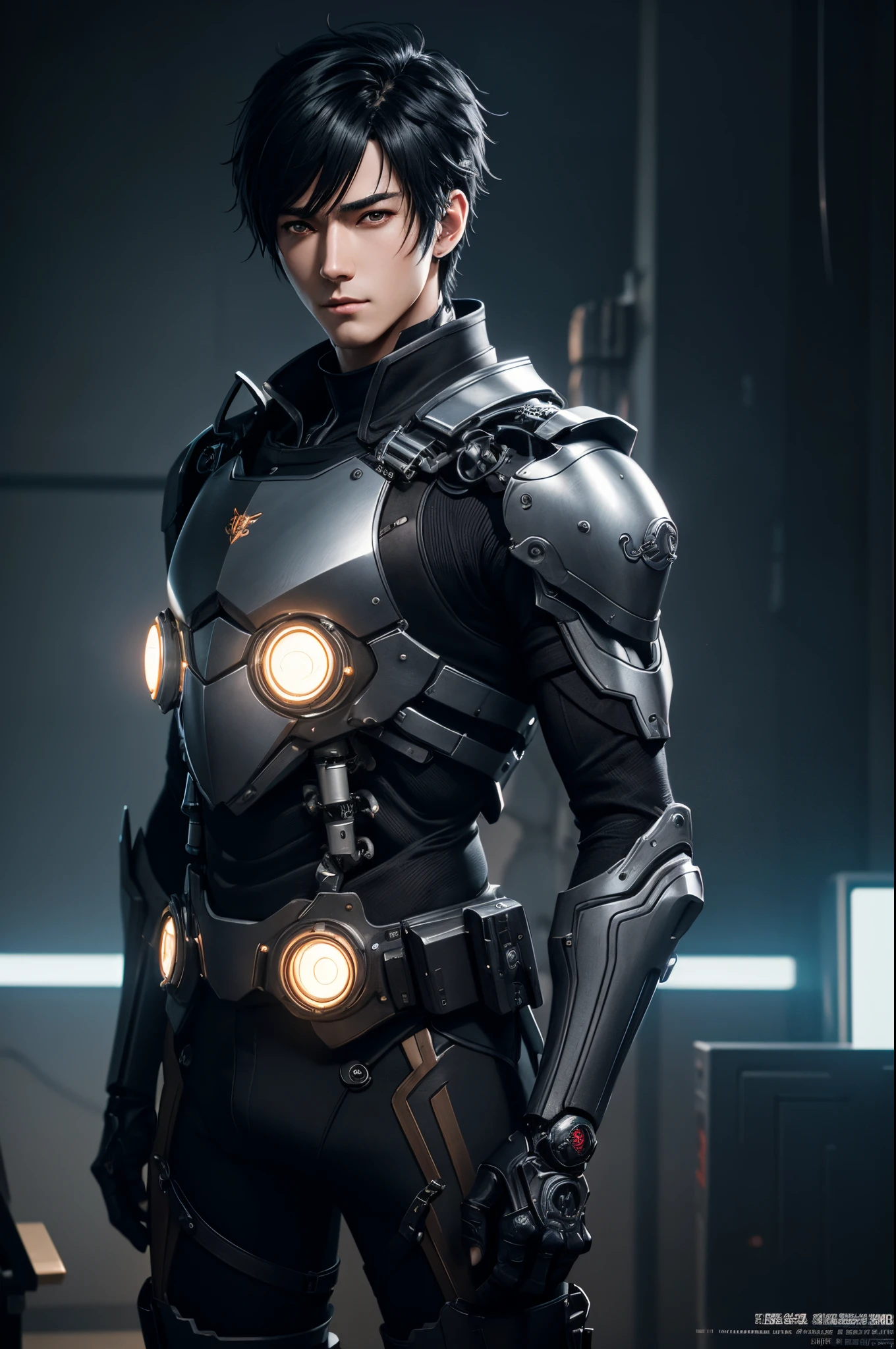 8K、Mechanical Lloyd with short black hair、skeleton mechanical roid boy、boy with exposed skeleton、Detailed Digital Anime Art、Mechanical Lloyd under maintenance、Connect to many tubes、Glowing LEDs(effect)U3D rendering character art 8K、Photorealistic anime boy rendering、8K high-quality detail art、2。5 d cgi anime fantasy artwork、handsome boy mechanical roid、Guweiz style artwork,超A high resolution,Ultra-realistic texture,