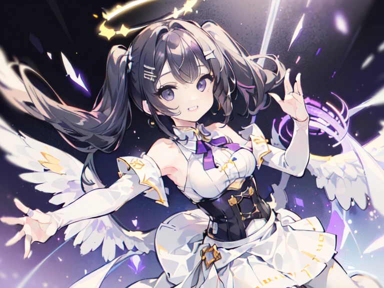 (solo, dynamic pose, bust up, flying, white skirt, white pantyhose black hair, twintails, white skirt, corset, halo, delicate face, , medium breast, round eyes, wing on the waist, purple eyes, god ray, smile with grin, happy:1.4)