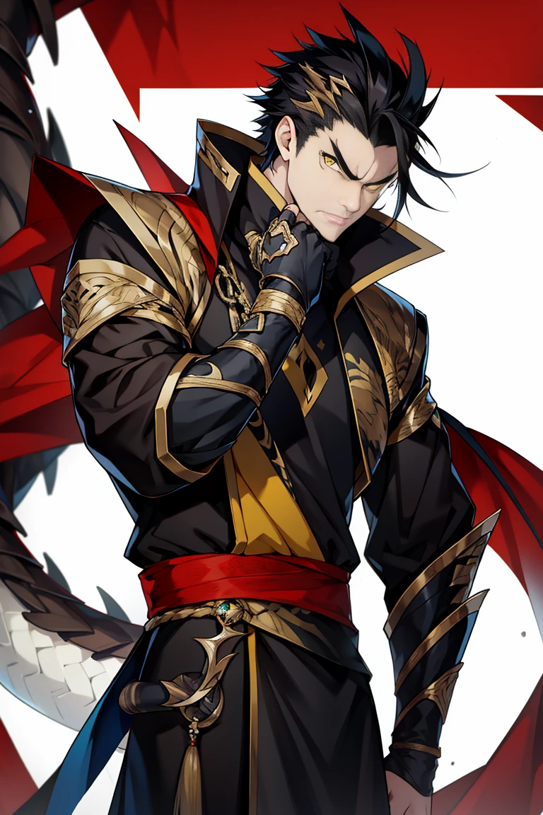 Dragonic man, yellow eyes, long tail, black hair, angry expression.