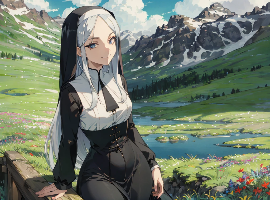 the anime, nun, Long white hair, smoky eye color, nice smile, mole under the eye, Lush eyelashes, (full length) , sexy body, high breasts, wide thighs, lifts the hem of the dress, 
(Masterpiece),  Best Quality, hight resolution, 4k, 8K, higly detailed, intricate detials, Cinematic lighting, amazing quality, 1girl, Fit bitch, amazing shading, soft-lighting, facing camera, (detailized face), (high-quality face), (High-quality eyes), (high-quality fingers), Background, grass field, small house by the lake, mountains on the horizon, A clear day