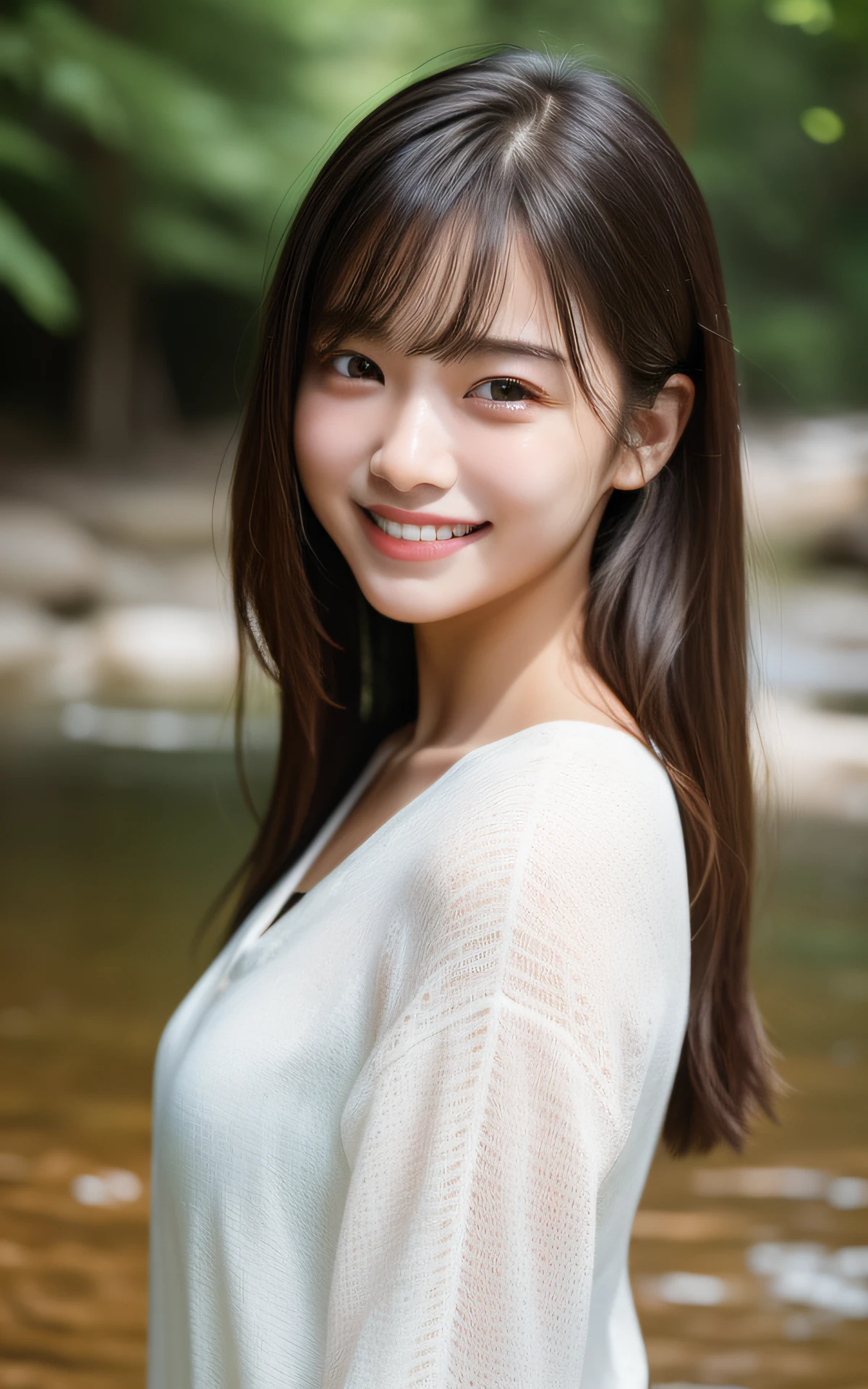 (Photo Real:1.4), (hyper realisitic:1.4), (Smooth lighting:1.05), 1 girl, (mournful smile:1.4), Mouth slightly open, Neat and clean beauty, 22 years old, Soft lighting, Back lighting, (cheerfulness:1.2), (Finest Real Textured Skins), Narrow-eyed, Super fine face, glowy skin, retinas, Anatomically correct, acurate, Super Detail, Textured skin, High quality, high details, Best Quality, High resolution,Morning forest with clear water flowing through it, Medium hair swaying in the wind, Bangs, Blouse