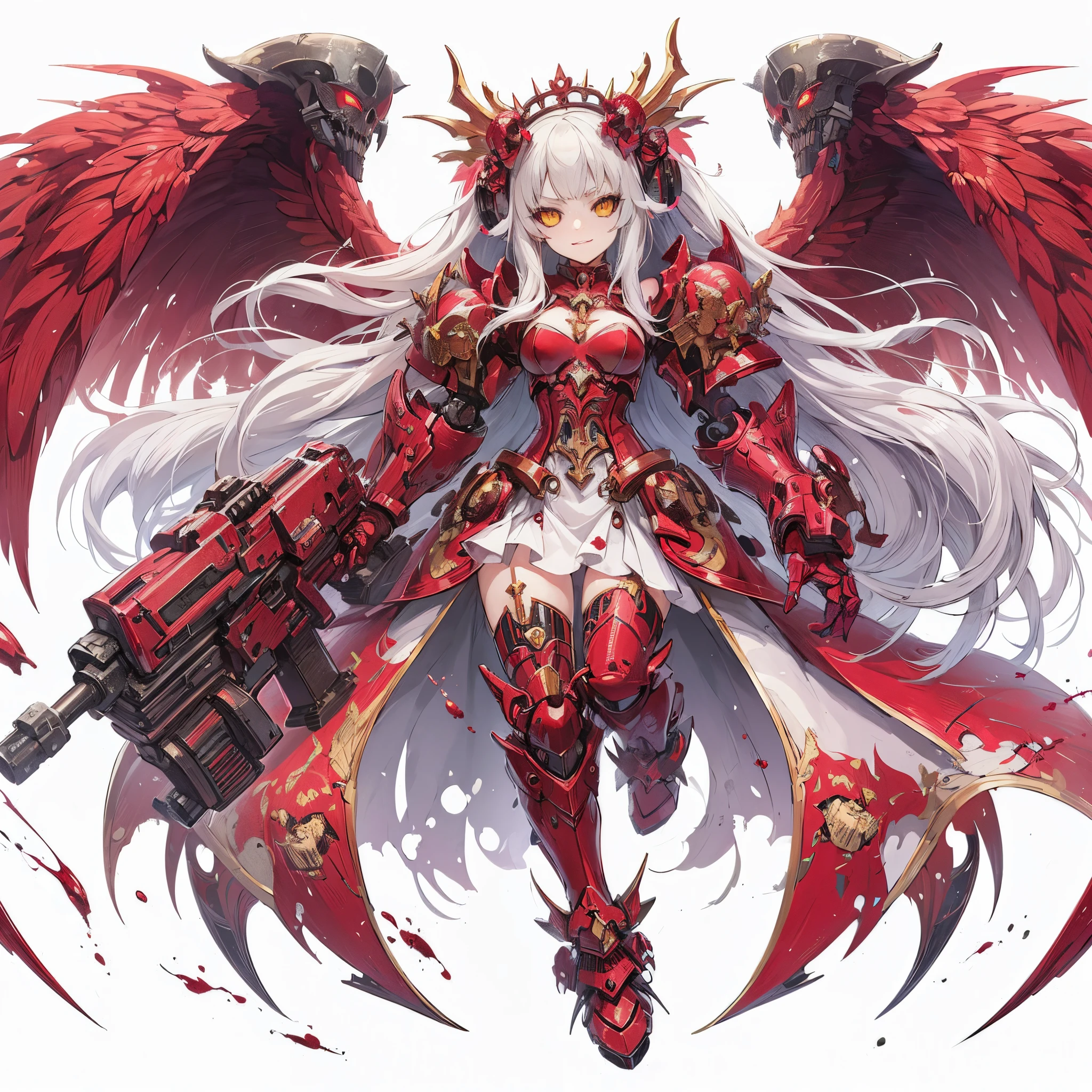 (masutepiece, Best Quality), Ultra-detailed, Anime style, devil girl full body, blood red power armor, warhammer 40k, White hair, golden eyes, and tears of blood, giant wing, high heels boots, Digital Painting, 8K High Resolution, trend artstation, White background, Whole body,
black sclera, Victorious smile