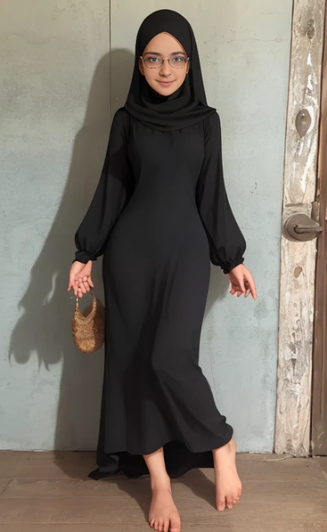 a 23 years old barefoot woman wearing a black hijab, glasses and a longsleeved long modest dress, calm smile, blue eyes, freckles.