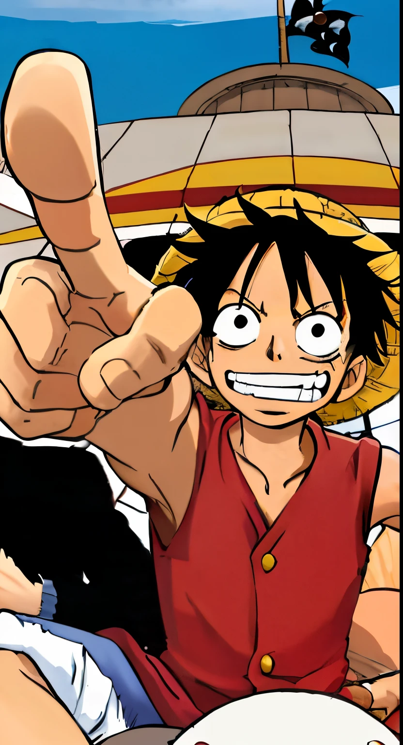 Realistic, anime character with a big smile on his face and a big hand, luffy, monkey d luffy, monkey d. luffy, luffy (one piece, inspired by Eiichiro Oda, luffy from one piece, portrait of luffy from one piece, eiichiro oda style, one piece artstyle, from one piece, one piece, one piece style, manga”, luffy gear 5