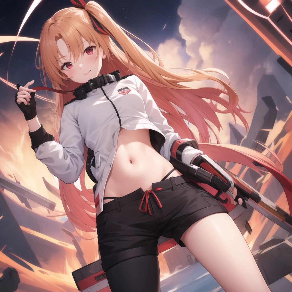 (tmasterpiece, best quality 1.2),illustratio,8K,k hd,1个Giant Breast Girl,Alone,The upper part of the body,(sportrait:1.2),The blonde_the hair,long_the hair,Youn_side_Upp,Red_The eye,By bangs,ssmile,Be red in the face,with collar_The shirt,jaket,tiese,The shirt,short_the sleeve,The white_The shirt,Black_jaket,mitts,avas_The clothes ar,avas_jaket,There are striped ones,Red_There are striped ones_tiese,The white_mitts,obi strip,Black_shorter pants,nedium breasts,navel,Red_tiese,short_shorter pants,shorter pants,the hair_ribbons,diaphragm,fingerless_mitts,ribbons,Black_ribbons,As estrelas_\(symbol\),upper legs,