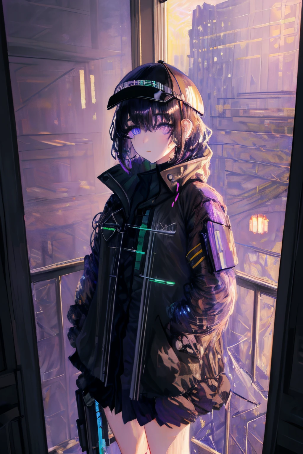 masterpiece, best quality, 4k, UHD, mishoujo, painting, beautiful eyes and detailed face, illustration, beautiful detailed, high resolution illustration, glowing_white_particles, 1girl, black hair, light purple eye, hair over one eye, short sidetail, baseball cap,expressionless, window shade, black jacket, chest rig, cyberpunk, techwear,(Impressionism:1.4)